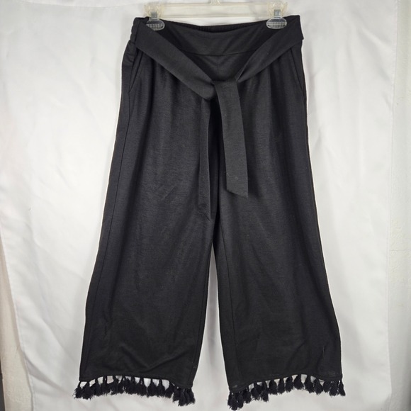 Cato Wide Leg Crop Pants Tassel Hem Tie Waist High-Rise Black Sz M Boho Chic Y2K - Picture 1 of 8